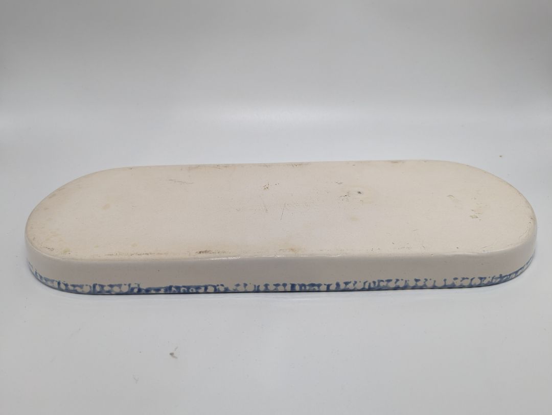 White and Light Blue Lined Long Rounded Ceramic Dish Decor