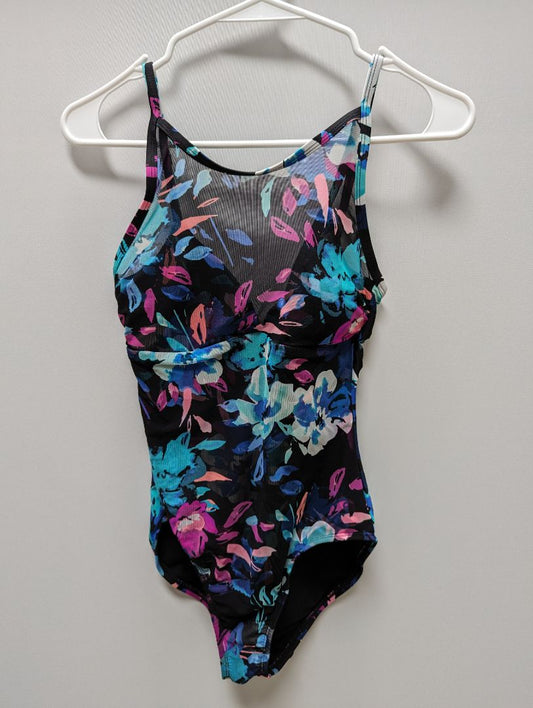 Time and Tru Black Multicolor Floral High Neck Swimsuit
