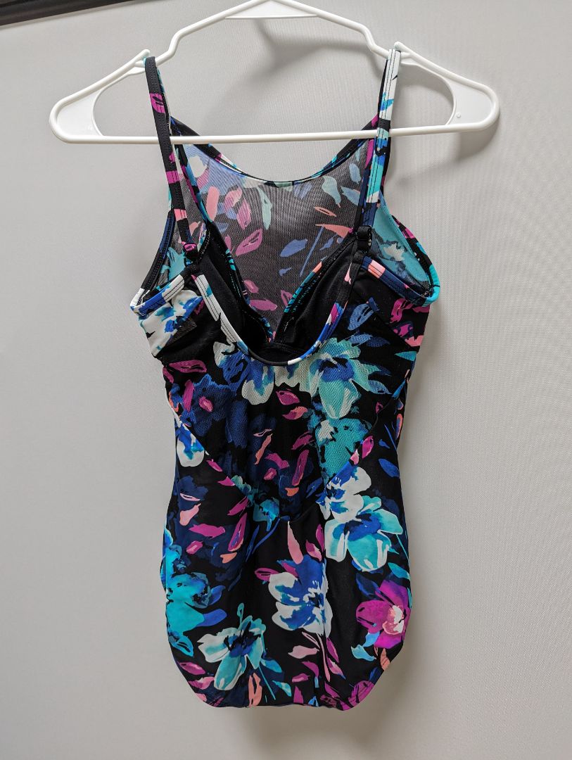 Time and Tru Black Multicolor Floral High Neck Swimsuit