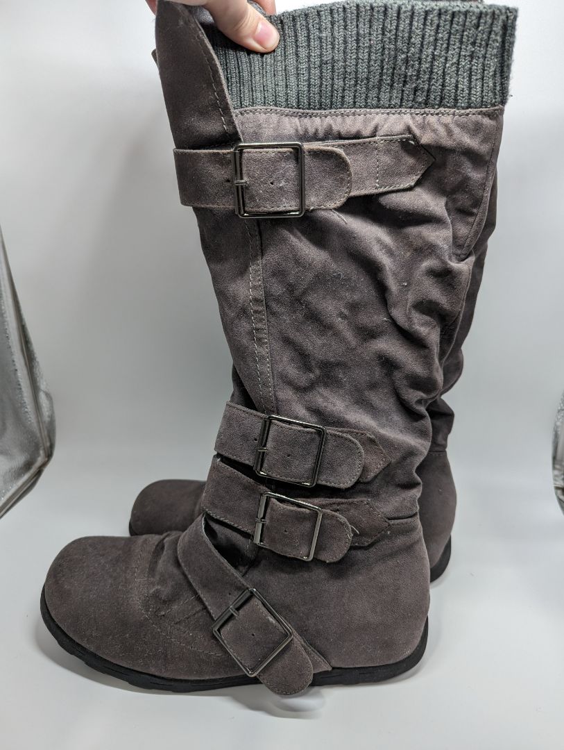 Grey Suede Knee-High Boots