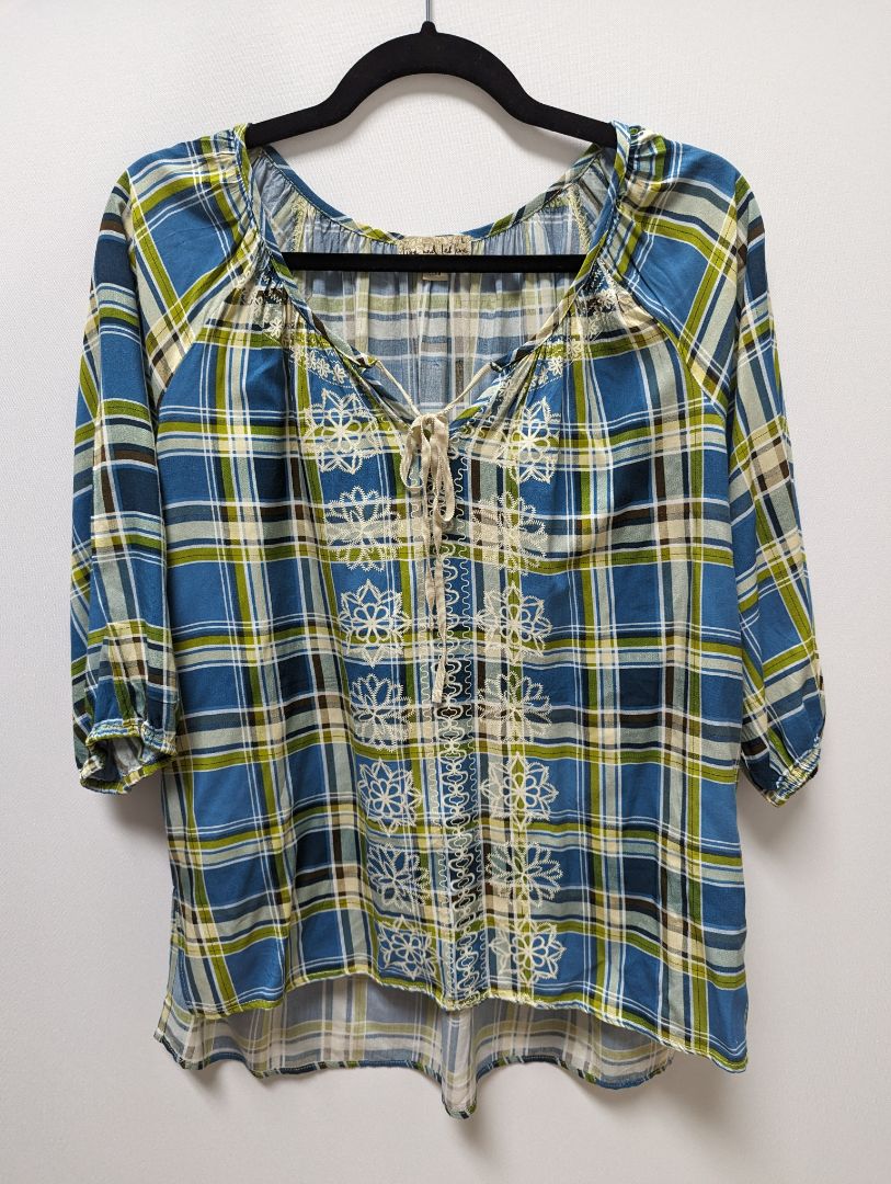 live and let live Blue/Green Plaid Peasant Blouse