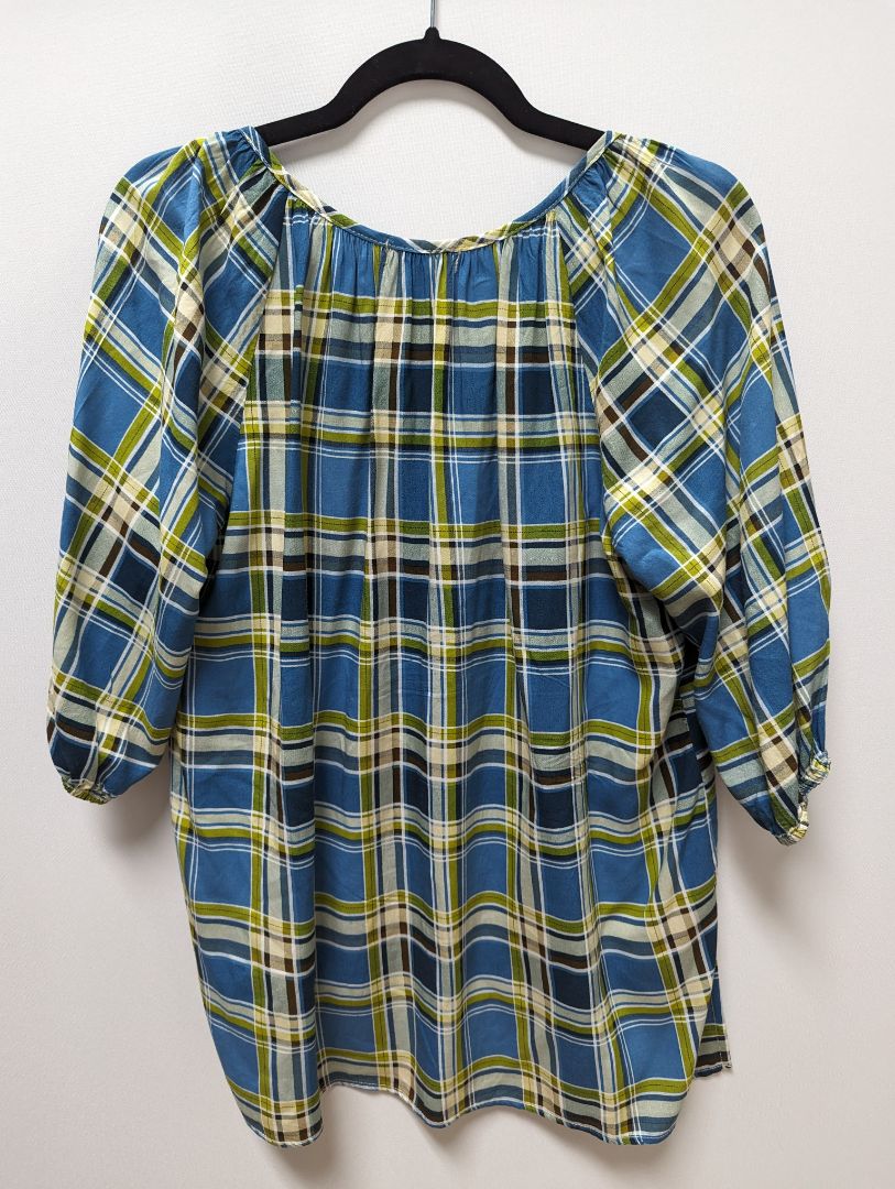 live and let live Blue/Green Plaid Peasant Blouse