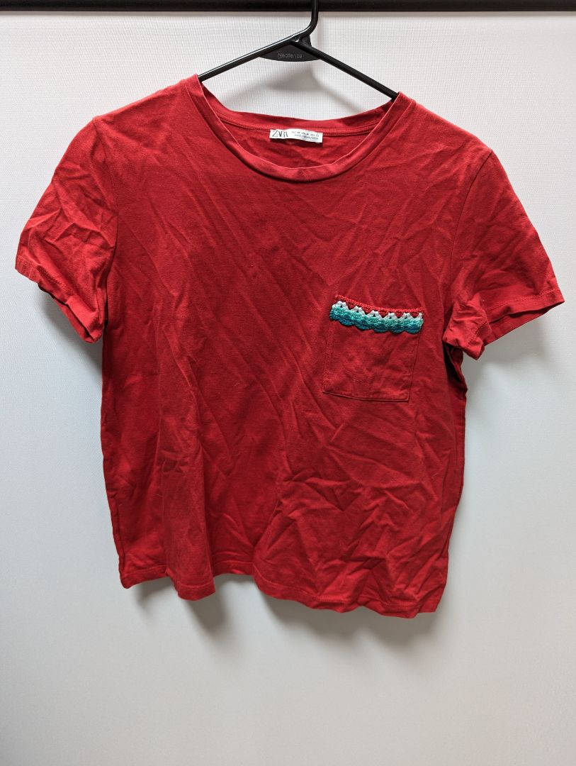 Zara Red Embroidered Pocket Tee