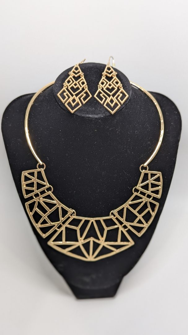 Gold Geometric Statement Necklace & Earrings Jewelry Set