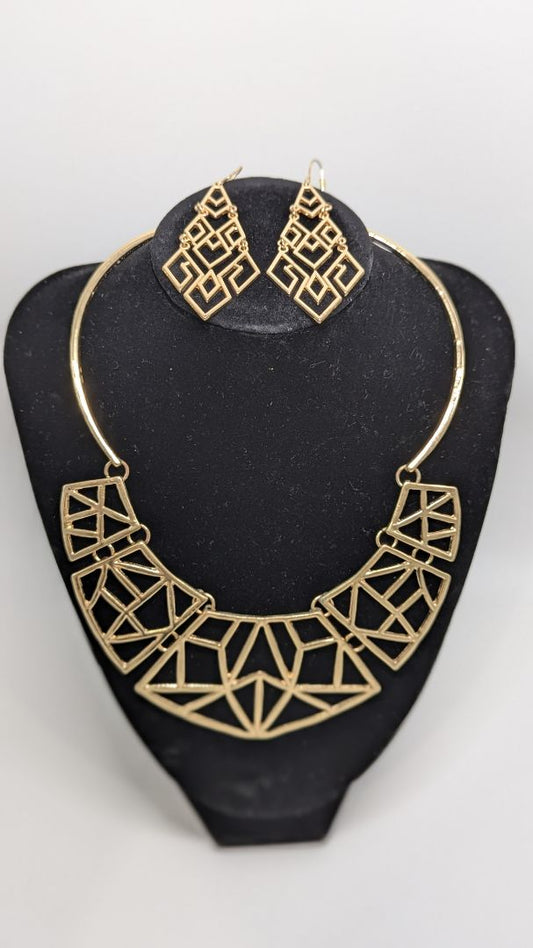 Gold Geometric Statement Necklace & Earrings Jewelry Set