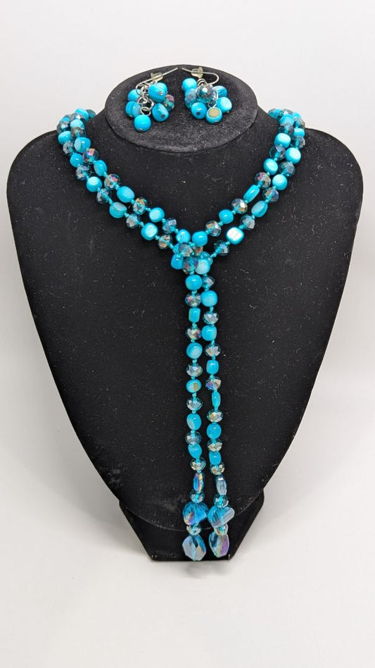 Blue Beaded Knotted Necklace & Earrings Jewelry Set