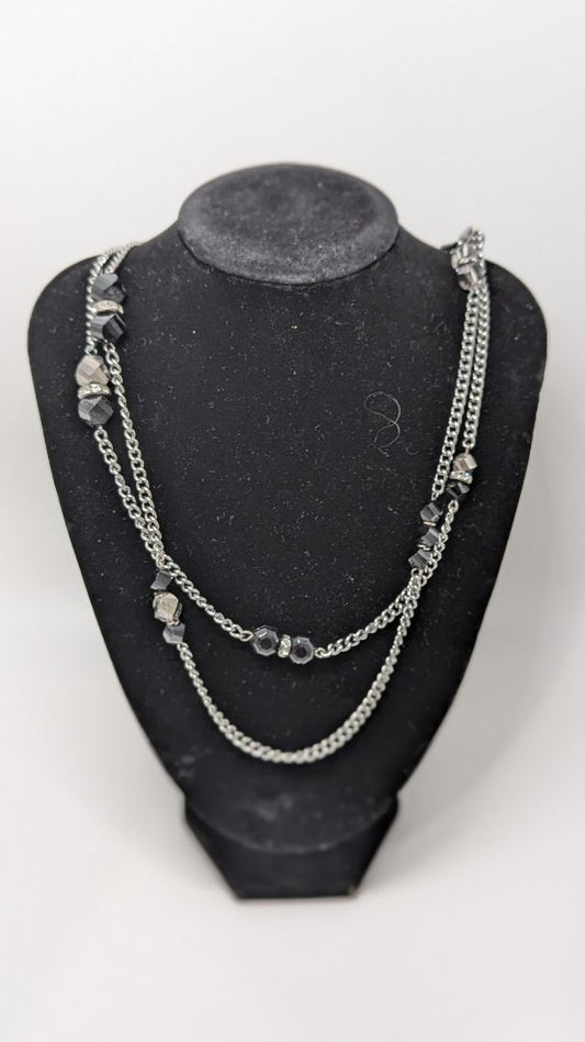 Silver & Black Beads 2 Layer Rope Necklace