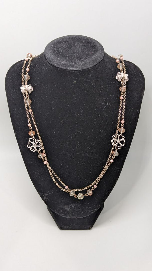 Gold/Pink Flower Beaded Long Necklace