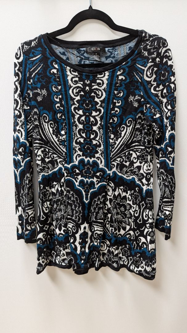Style & Co Black/Blue/White Patterned Tunic Sweater