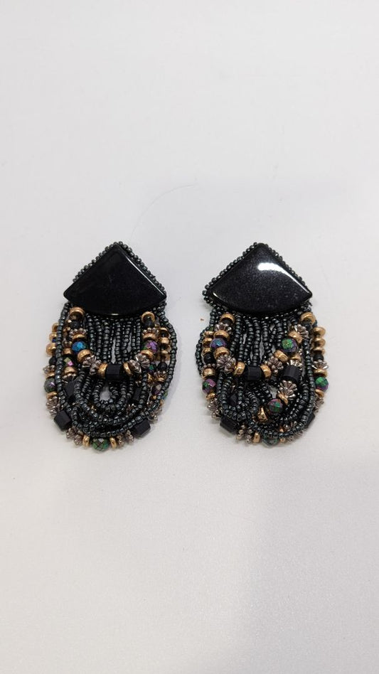 Black Beaded Triangle Fringe Earrings