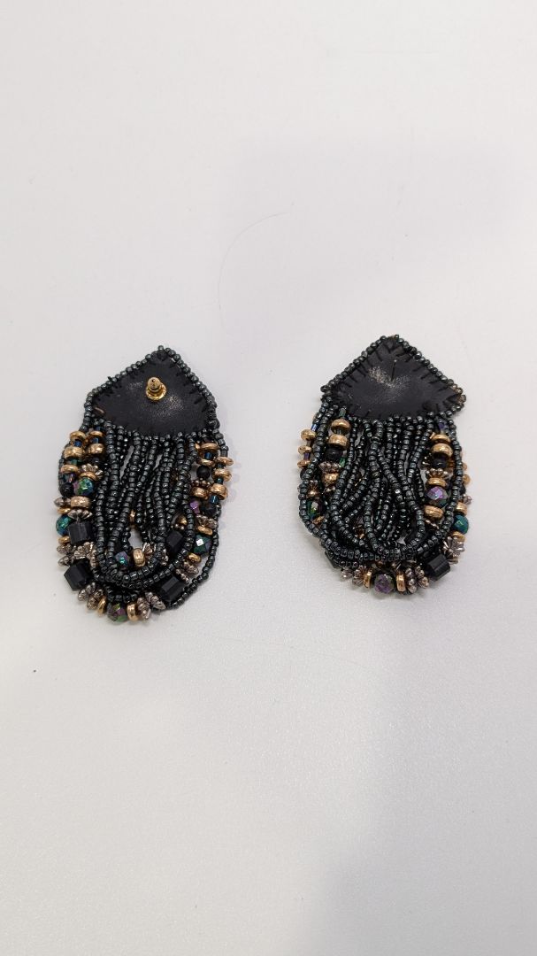 Black Beaded Triangle Fringe Earrings