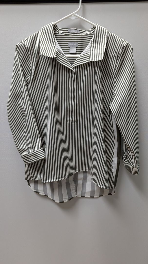 Chico's Green/White Striped 3/4 Sleeve Blouse