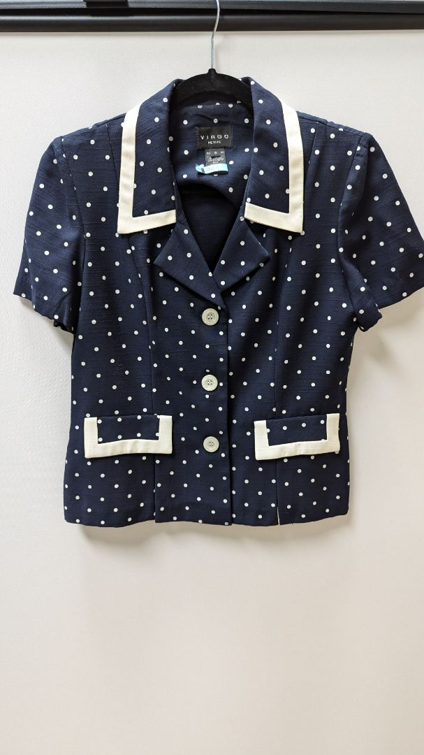 VIRGO Petite Navy/White Polka Dot Short Sleeve Blazer