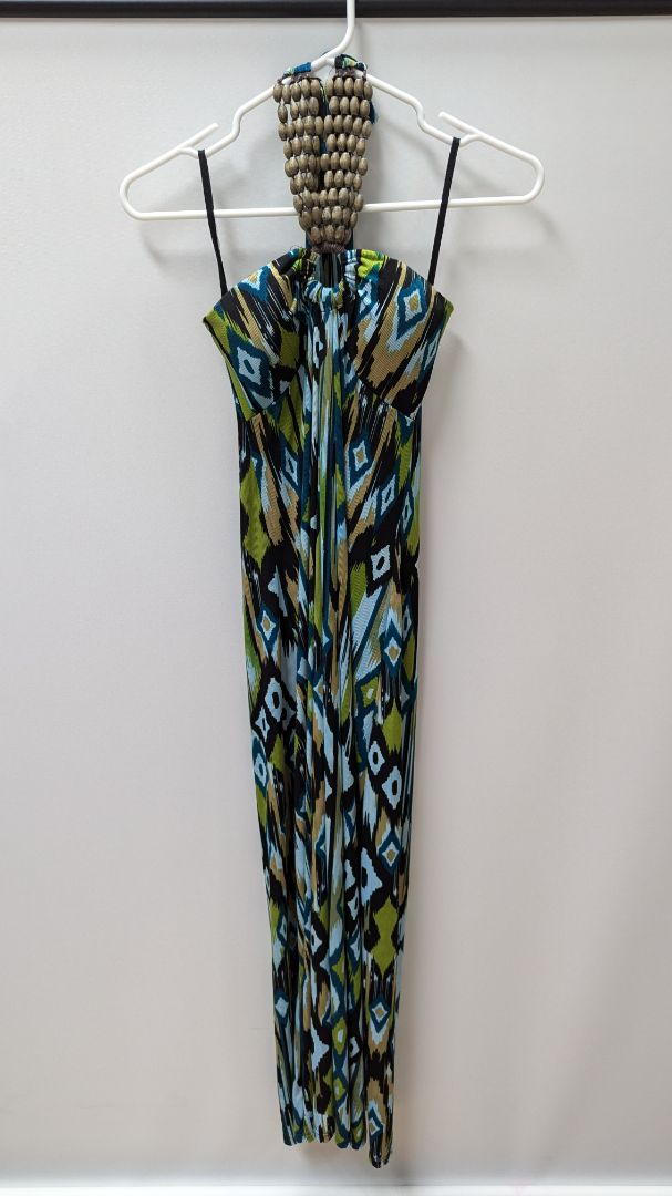 fresh of LA Green Patterned Beaded Halter Maxi Dress