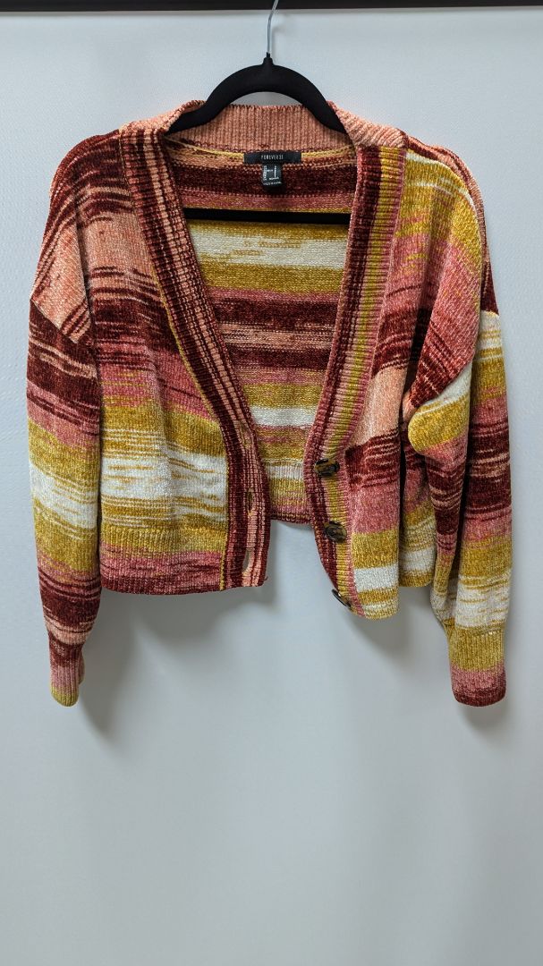 Forever 21 Red/Yellow Striped Cropped Cardigan Sweater