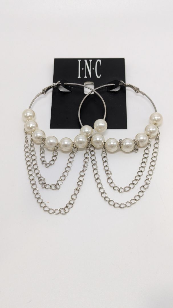 INC Silver Pearl Chain Hoops Earrings