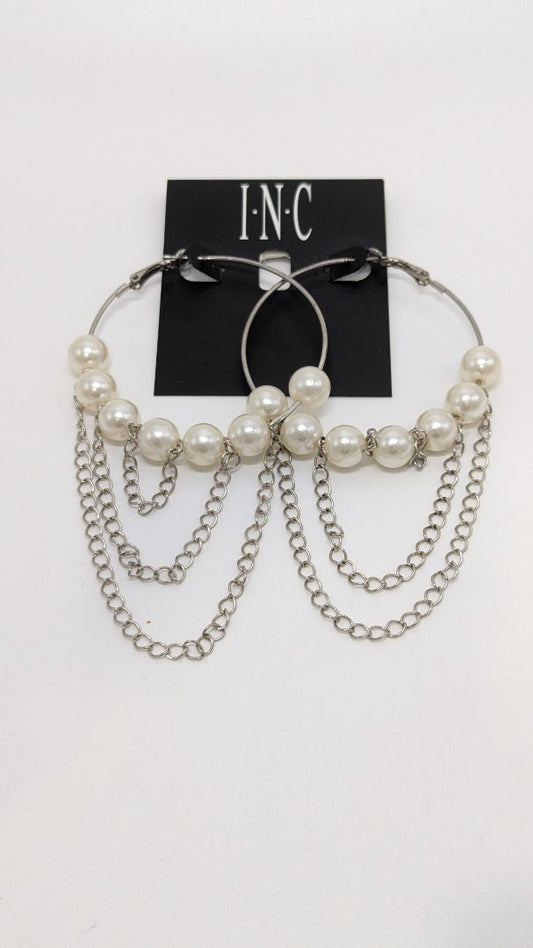 INC Silver Pearl Chain Hoops Earrings