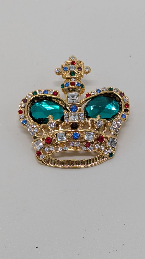 Gold/Multicolor Vintage Crown Gemstone Brooch Pin