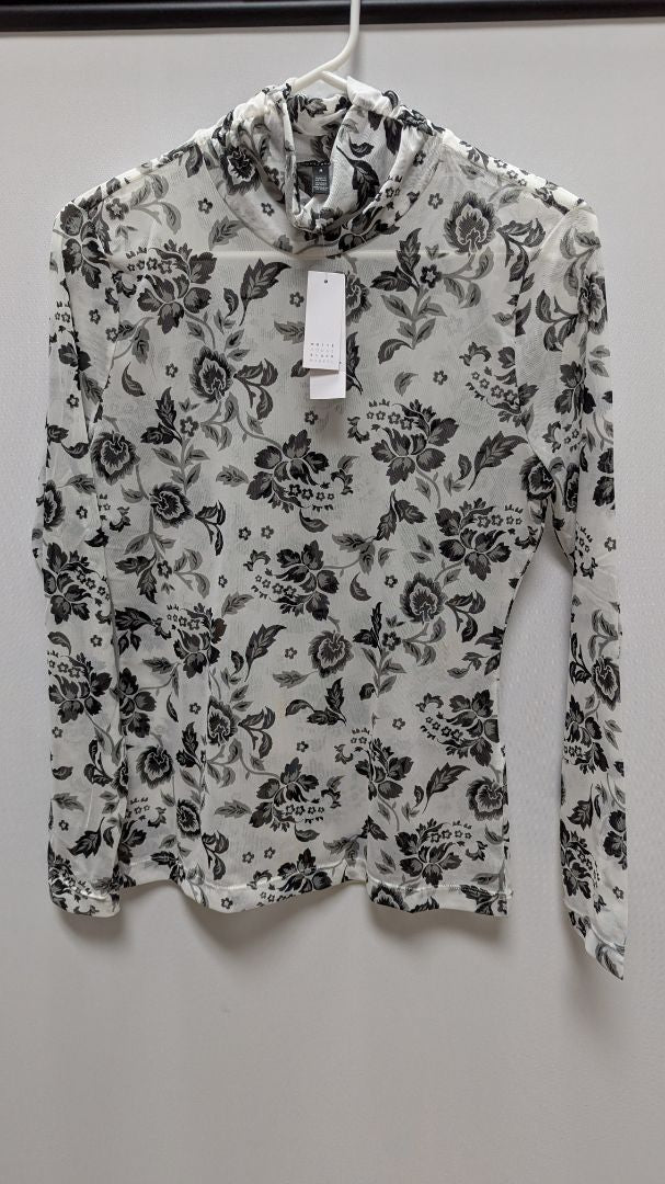 White House Black Market Moroccan Floral Ecru Mesh Turtleneck Blouse
