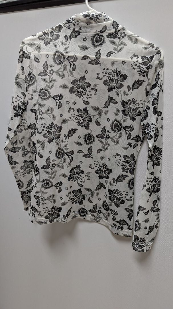 White House Black Market Moroccan Floral Ecru Mesh Turtleneck Blouse