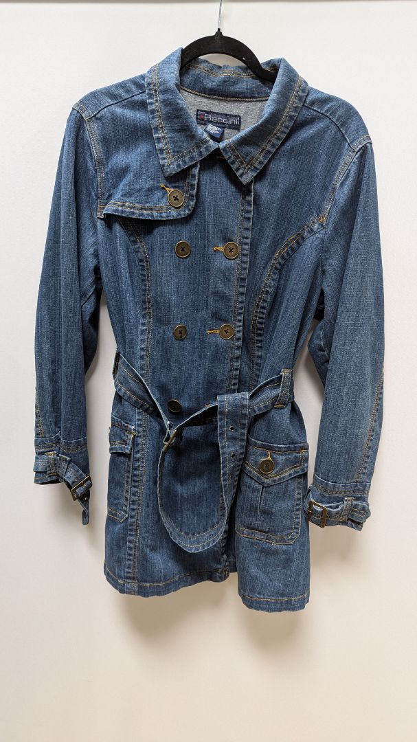 Baccini Medium Wash Denim Trench Coat Jacket