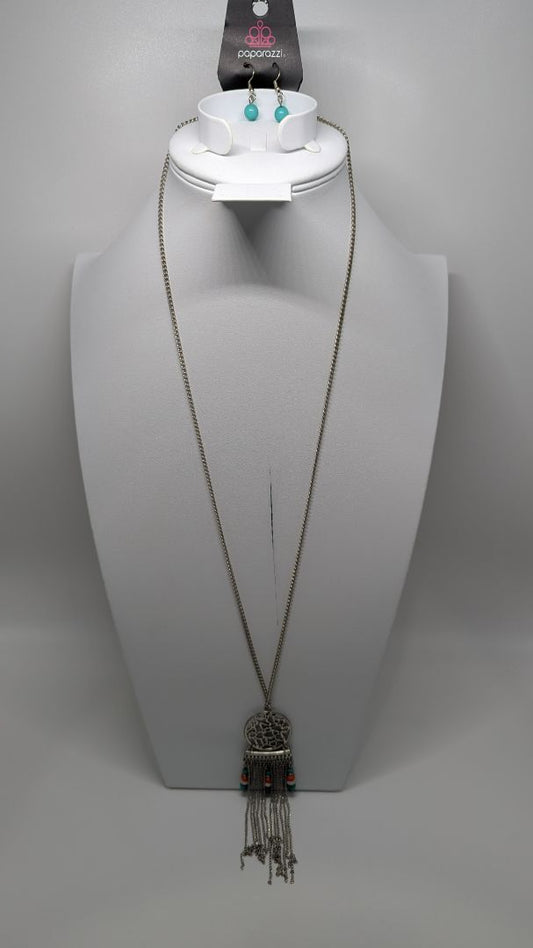 Paparazzi Silver/Teal/Orange Tassel Necklace & Earrings Set