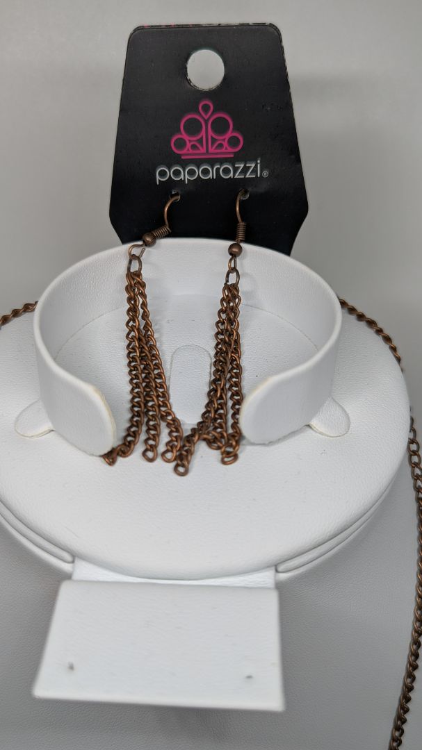 Paparazzi Copper 3 Rounded Plates Longline Necklace & Earrings Set