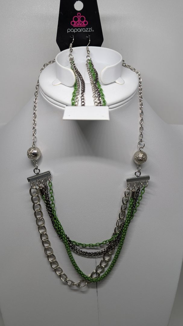 Paparazzi Silver/Green 4-Strand Statement Necklace & Earrings Set