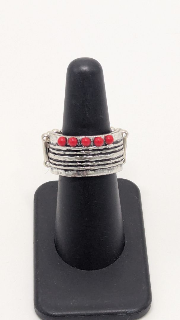 Paparazzi Silver/Red Thick Band Elastic-Back Ring
