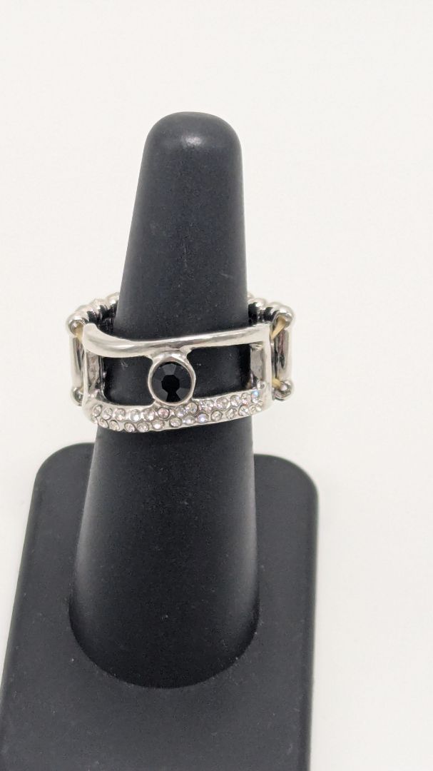 Paparazzi Silver/Black/White Gemstone Elastic-Back Ring