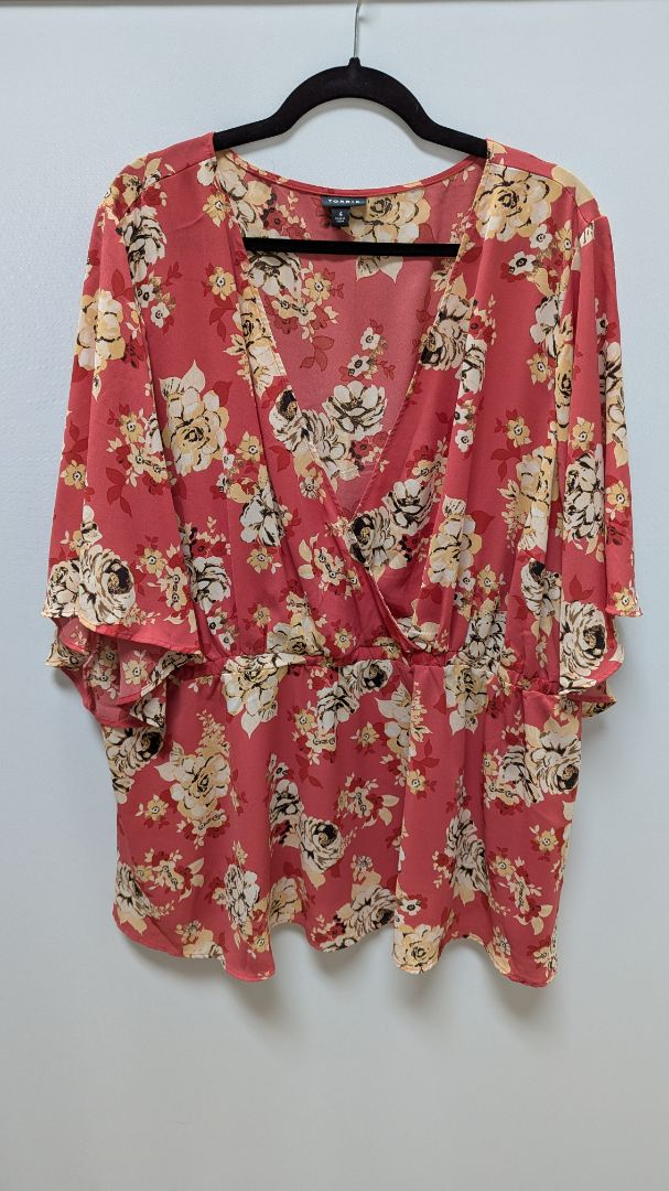 Torrid Coral/Yellow Floral Faux-Wrap Babydoll Blouse