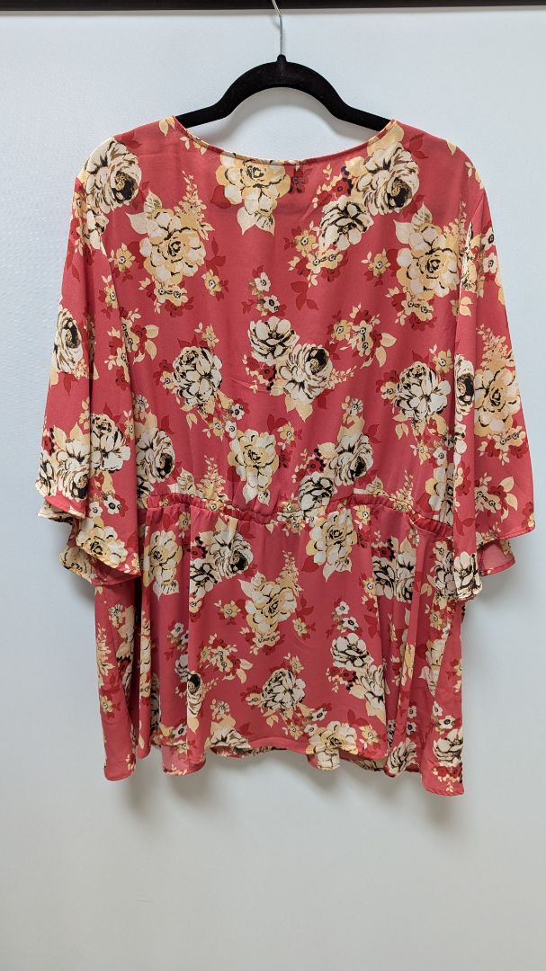 Torrid Coral/Yellow Floral Faux-Wrap Babydoll Blouse