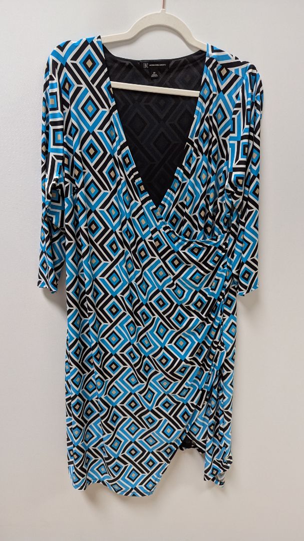 INC Blue/Black Patterned Faux-Wrap Midi Dress