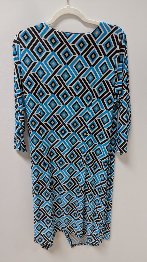 INC Blue/Black Patterned Faux-Wrap Midi Dress