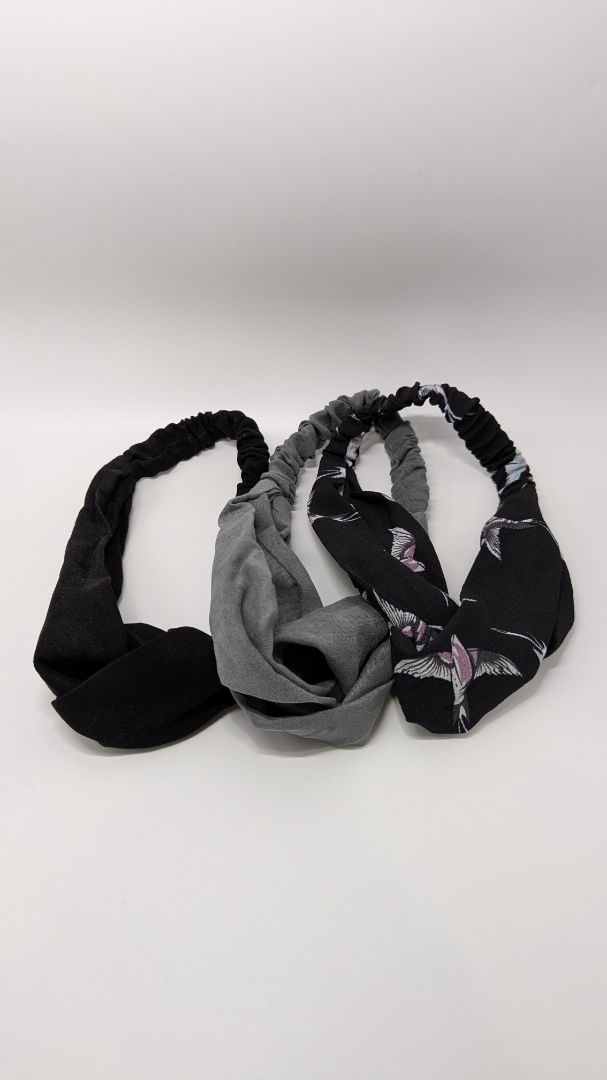 3 Pack Knotted Elastic Headbands (Grey/Black/Birds)