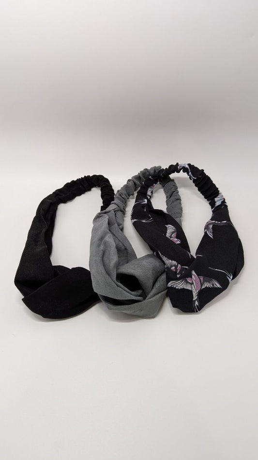 3 Pack Knotted Elastic Headbands (Grey/Black/Birds)