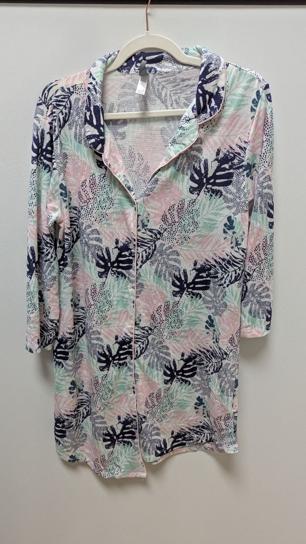 PJ Couture White/Navy/Pink Palm Floral Button-Down Nightgown Dress
