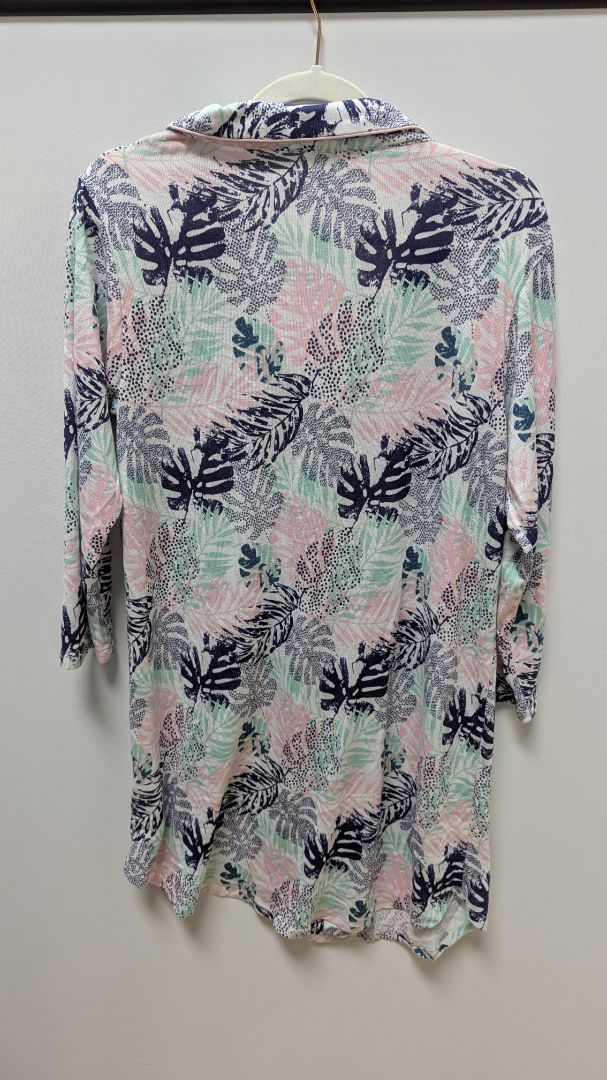 PJ Couture White/Navy/Pink Palm Floral Button-Down Nightgown Dress