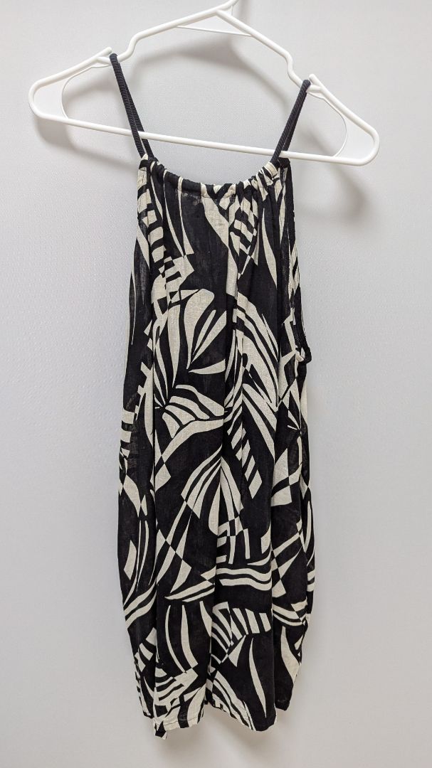 Tahari Black/Beige Patterned Linen Shift Dress