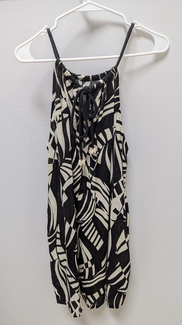 Tahari Black/Beige Patterned Linen Shift Dress
