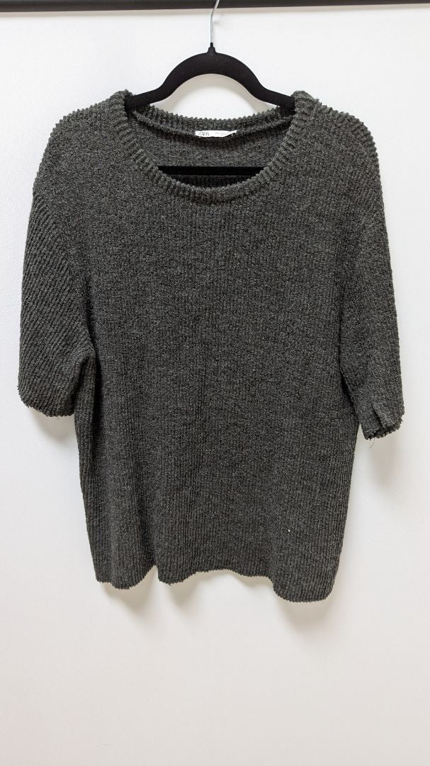 Zara Dark Grey Ribbed Knit Short Sleeve Sweater