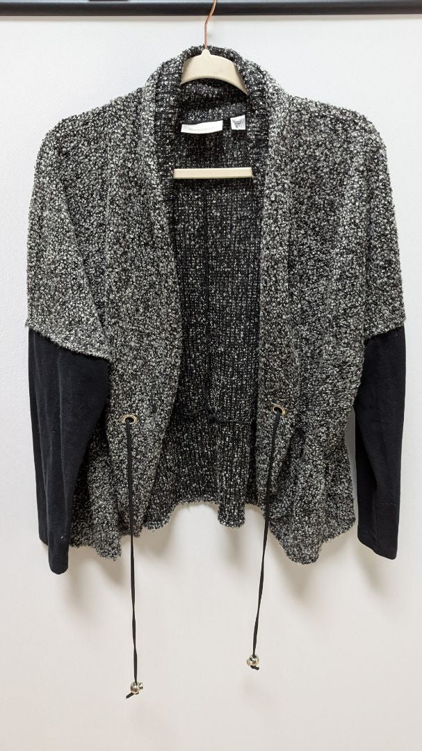 avenue Black/Grey Fuzzy Wool Drawstring Waist Cardigan