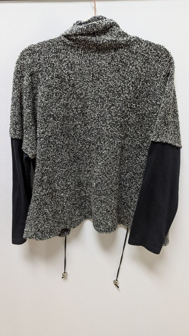 avenue Black/Grey Fuzzy Wool Drawstring Waist Cardigan