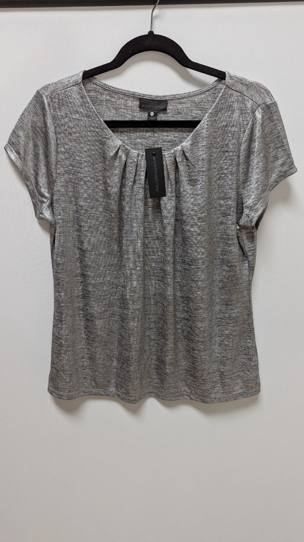 Worthington Silver Metallic Short Sleeve Blouse