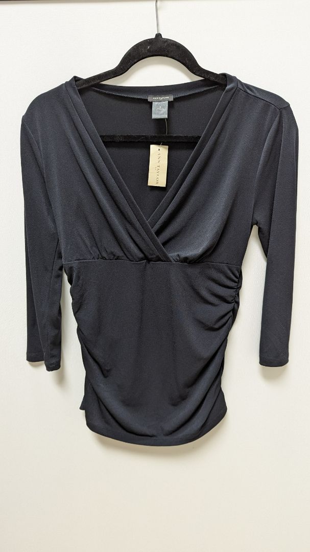 Ann Taylor Black V-Neck Ruched Blouse