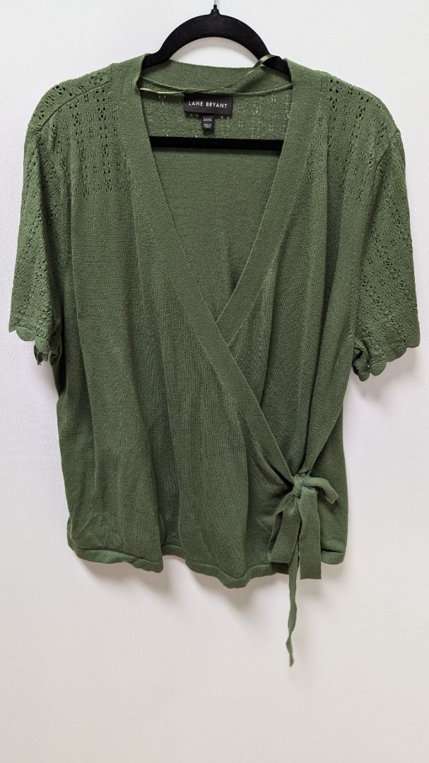 Lane Bryant Green Crochet Sleeve Faux-Tie Blouse