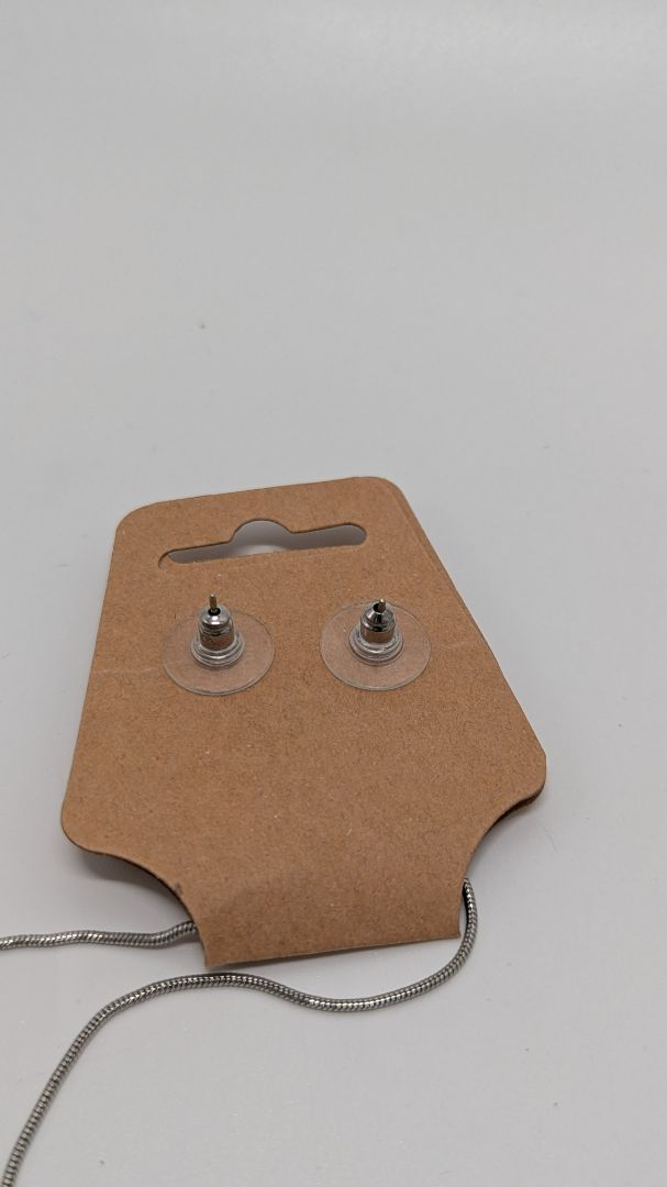 Vintage Silver Square Gemstone Pendant Necklace & Earrings Set