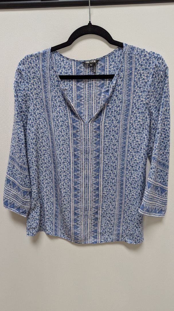 NIC + ZOE Light Blue Patterned Sheer Blouse
