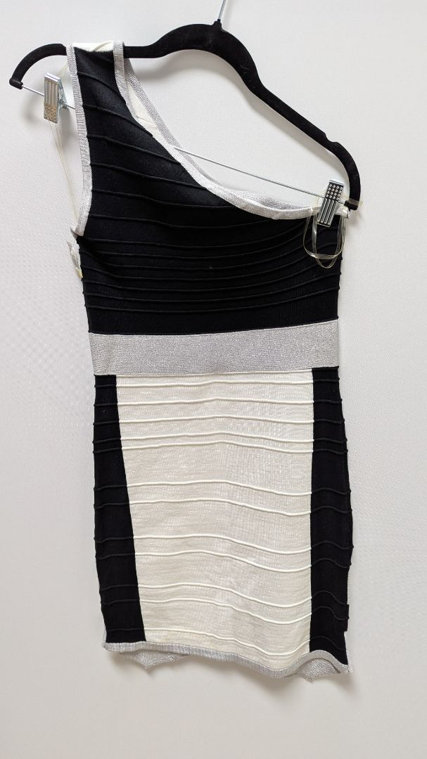 Wow Couture Black/White/Silver One-Shoulder Metallic Dress
