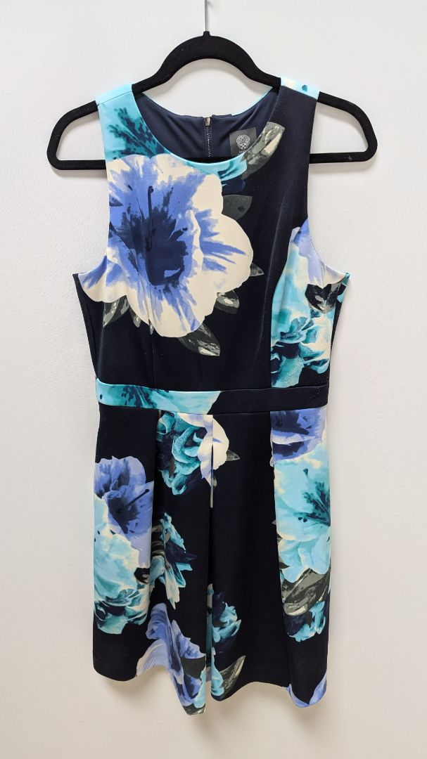 Vince Camuto Navy Blue Floral Flared Midi Dress